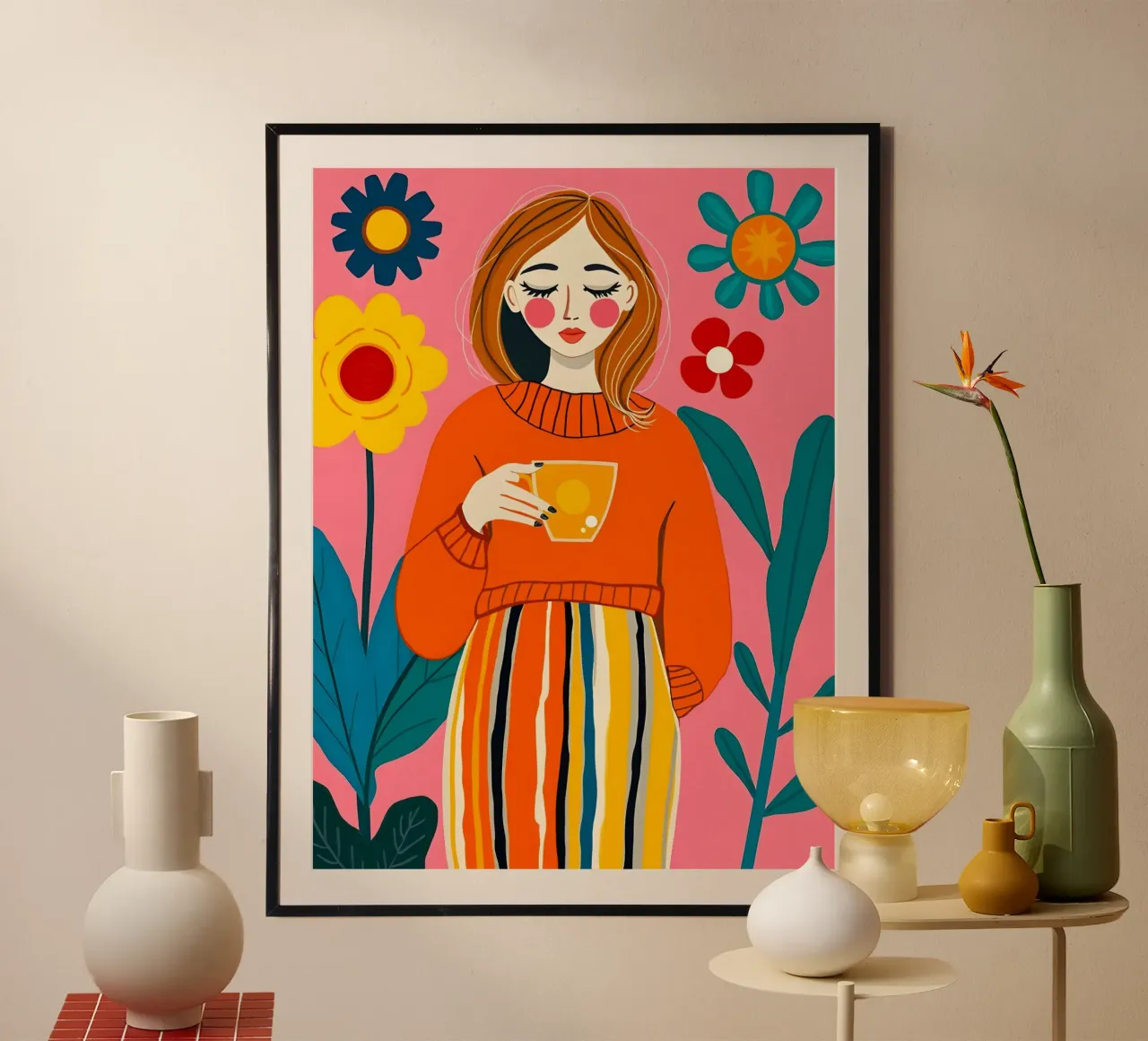 RITRATTO DI DONNA CALMA IN GIARDINO poster con telaio in plastica da ARTOMATIC