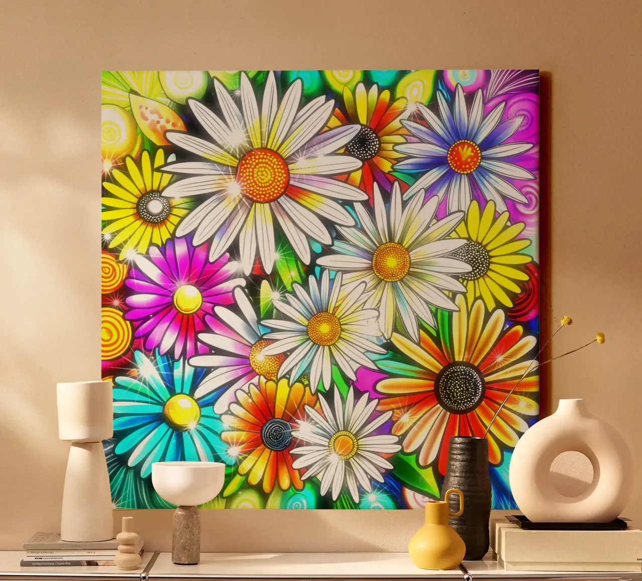 Daisy Disco Bloom tela con Cornice a cassetta da Botanical Pattern House