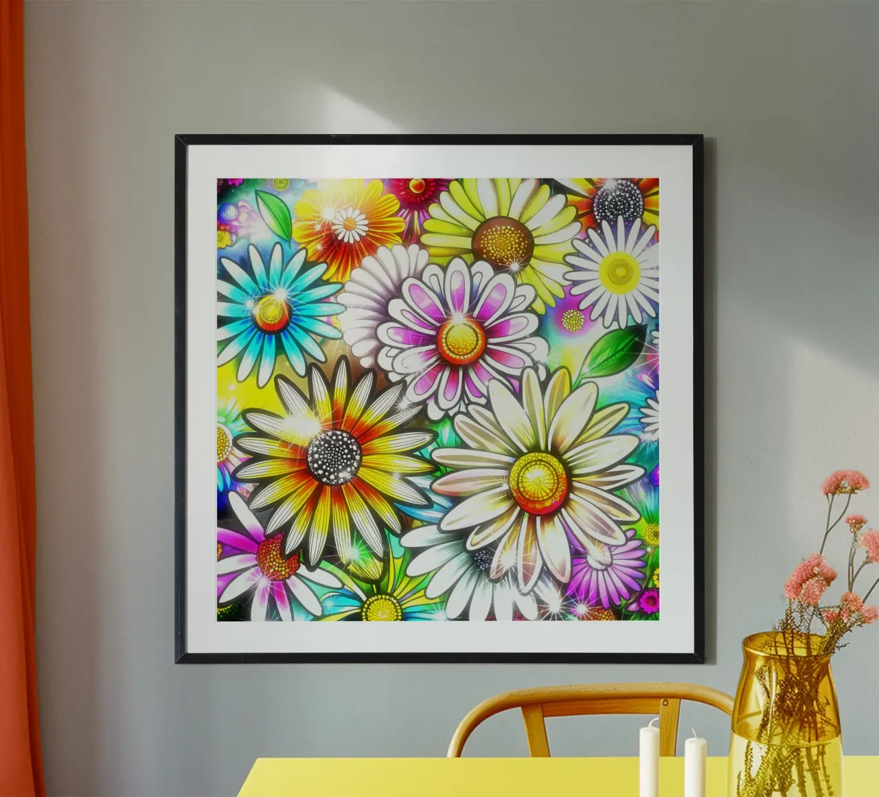 Daisy Disco Bloom poster con telaio in alluminio da Botanical Pattern House