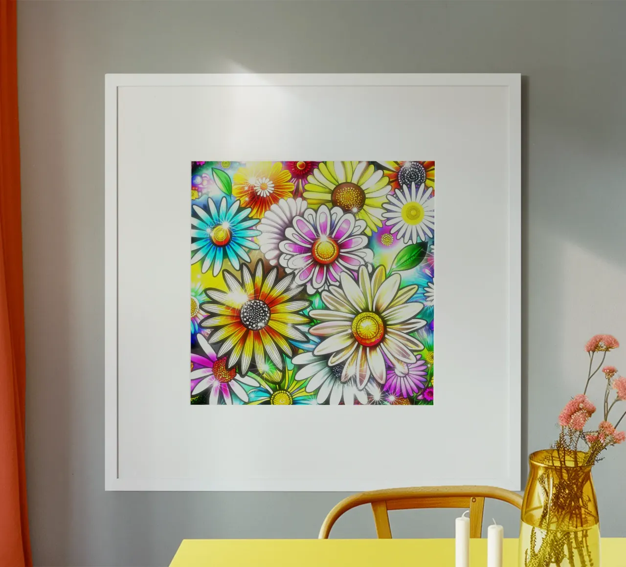 Daisy Disco Bloom poster con telaio in alluminio da Botanical Pattern House