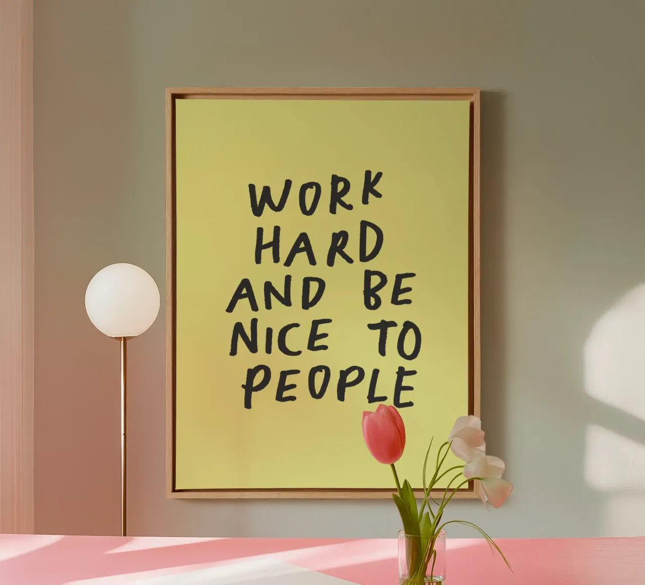 Work Hard and Be Nice to People Typography Print in Yellow canvas with Floater frame by THE MOTIVATED TYPE