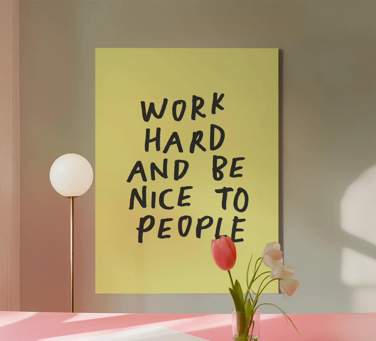 Work Hard and Be Nice to People Typography Print in Yellow canvas with Floater frame by THE MOTIVATED TYPE