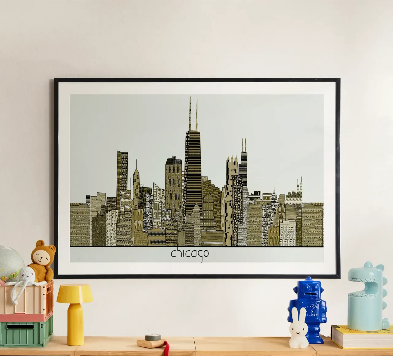 chicago vintage poster met houten frame van Brian Buckley