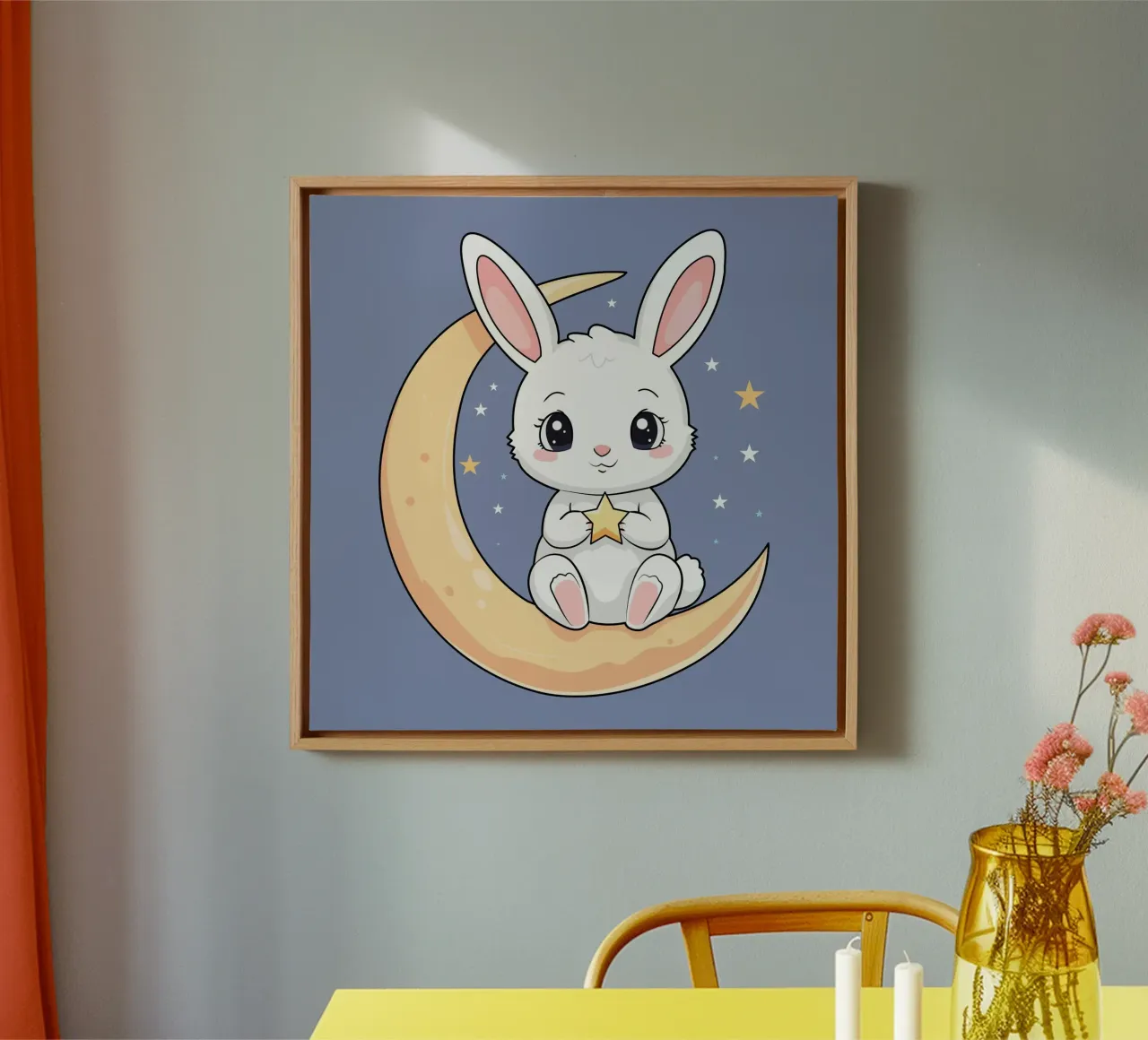 Bunny Vibing on the Moon canvas with Floater frame by Kintsugi99