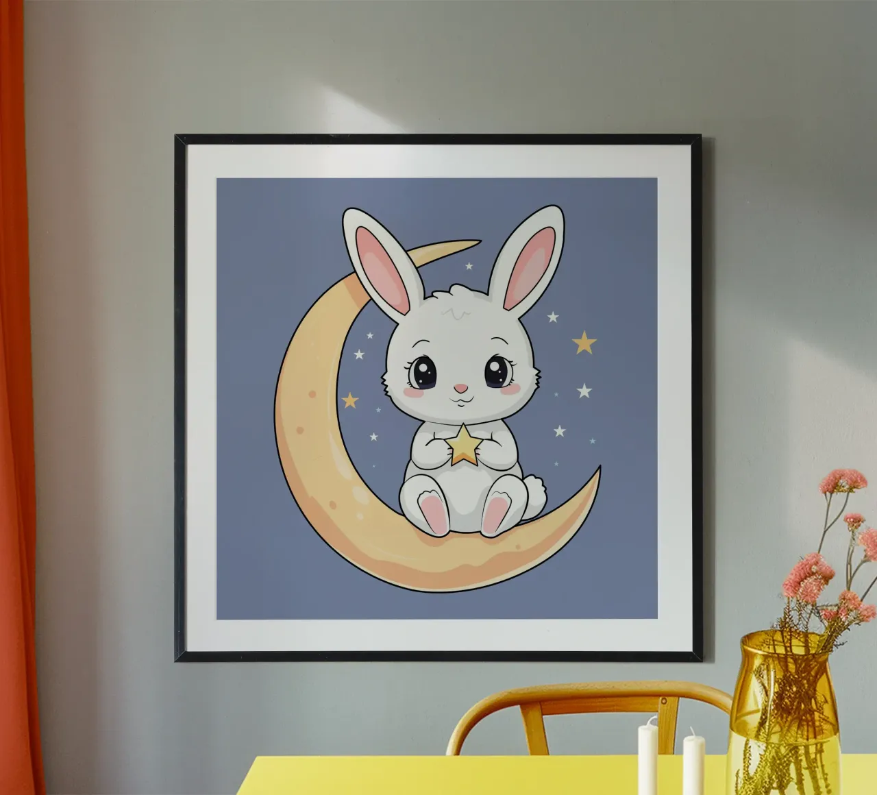 Coniglietto che vibra sulla luna poster con telaio in alluminio da Kintsugi99