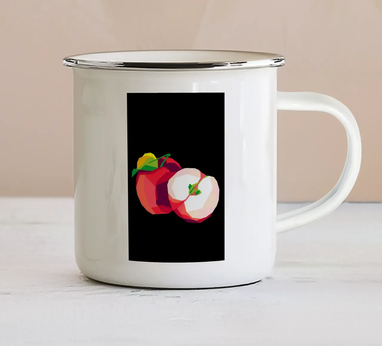 Apfelfrucht Apfel in Scheiben geschnitten ganzer Apfel Stiel Emaille Tasse von Janine P McGuire