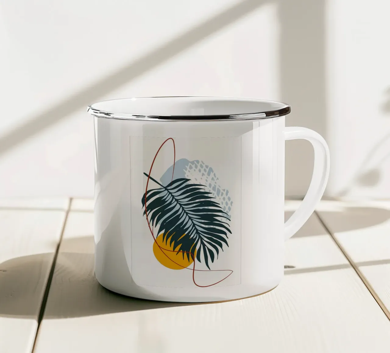 palm leaf minimalistic shapes abstract elements black palm enamel mug by Janine P McGuire