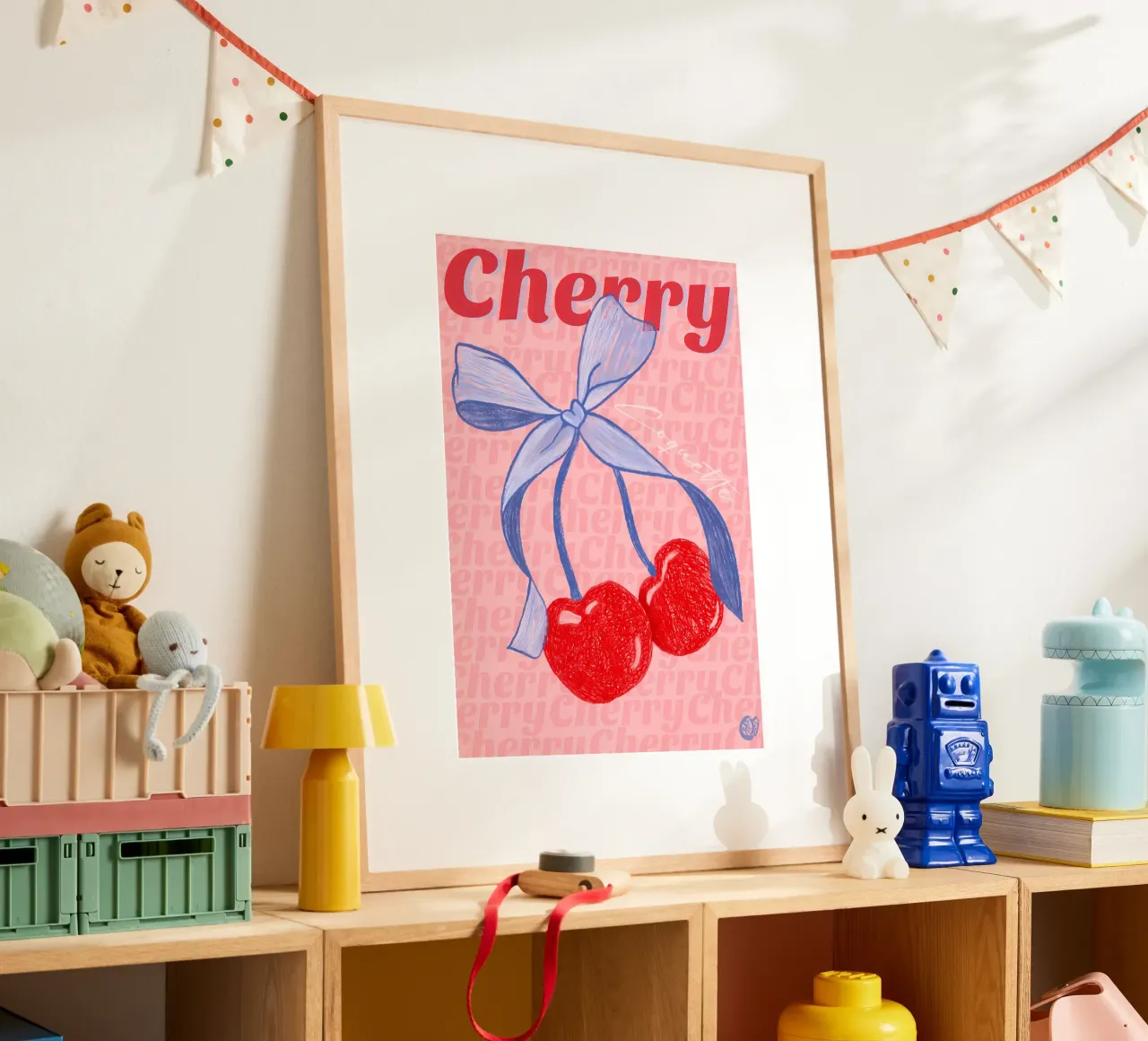 ruban de cerises fruits rouges nœud bleu typographie dessinée à la main poster avec cadre en bois de Janine P McGuire