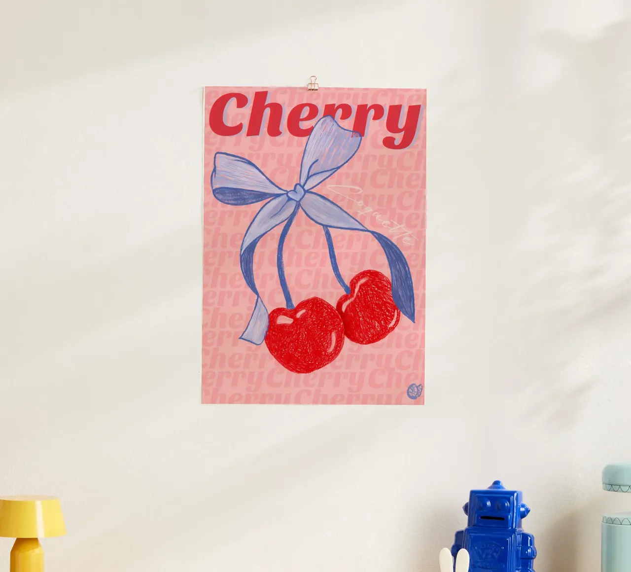 ruban de cerises fruits rouges nœud bleu typographie dessinée à la main poster avec cadre en bois de Janine P McGuire