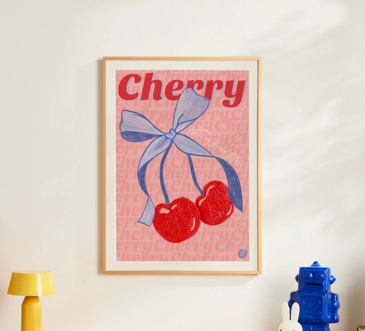 ruban de cerises fruits rouges nœud bleu typographie dessinée à la main poster avec cadre en bois de Janine P McGuire