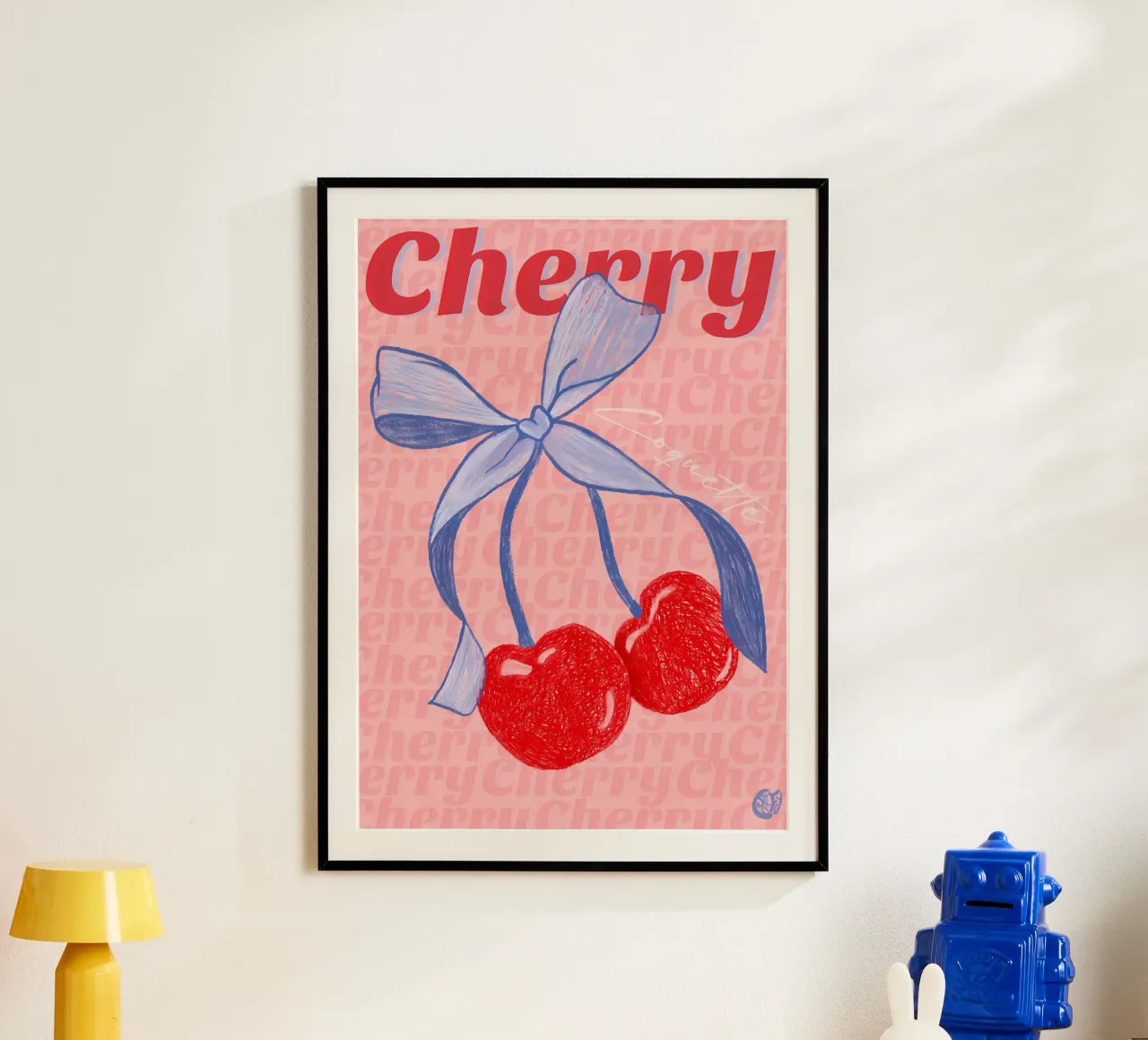 ruban de cerises fruits rouges nœud bleu typographie dessinée à la main poster avec cadre en bois de Janine P McGuire