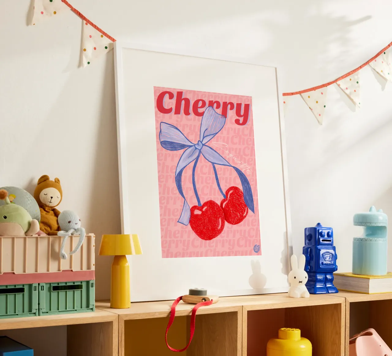 ruban de cerises fruits rouges nœud bleu typographie dessinée à la main poster avec cadre en bois de Janine P McGuire