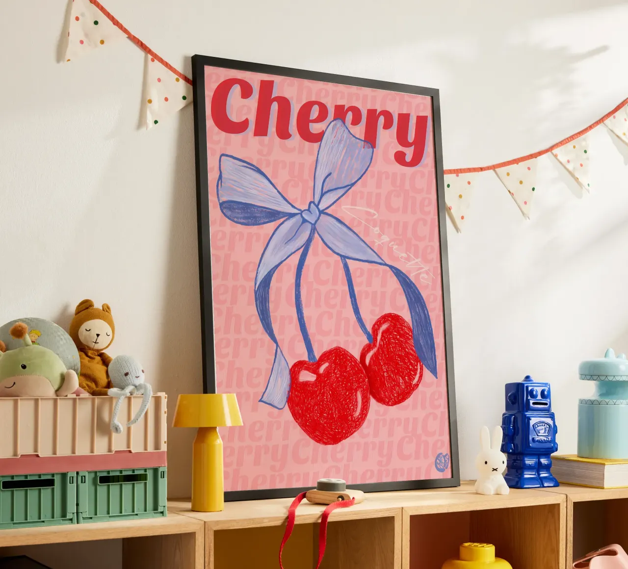 ruban de cerises fruits rouges nœud bleu typographie dessinée à la main poster avec cadre en bois de Janine P McGuire