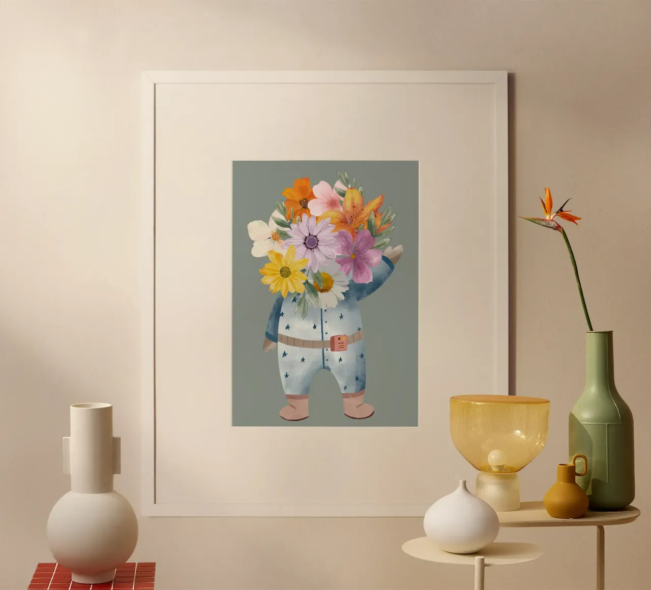 Flowers and astronaut poster con telaio in plastica da LisaArtes