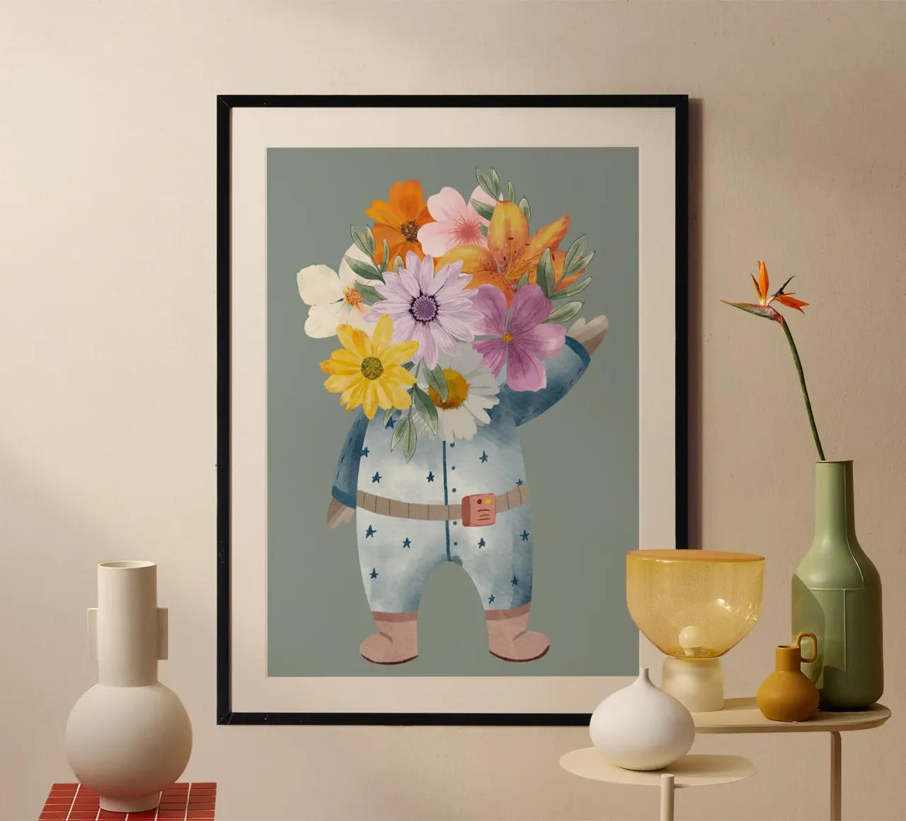 Flowers and astronaut poster con telaio in plastica da LisaArtes