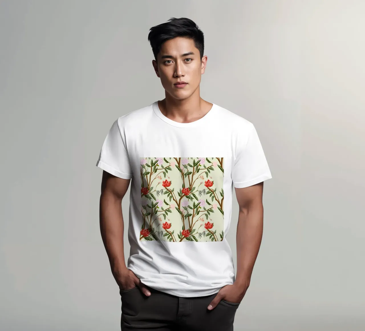 Chinoiserie red flowers trees traditional floral pattern t-shirt da mysteriouscoco