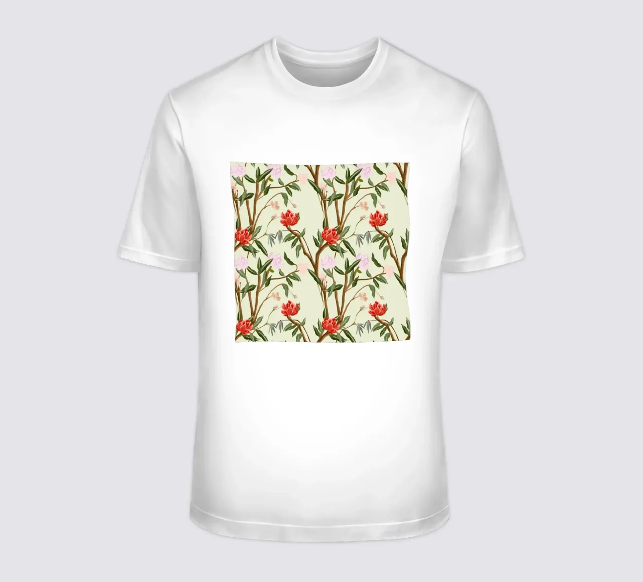 Chinoiserie red flowers trees traditional floral pattern t-shirt da mysteriouscoco