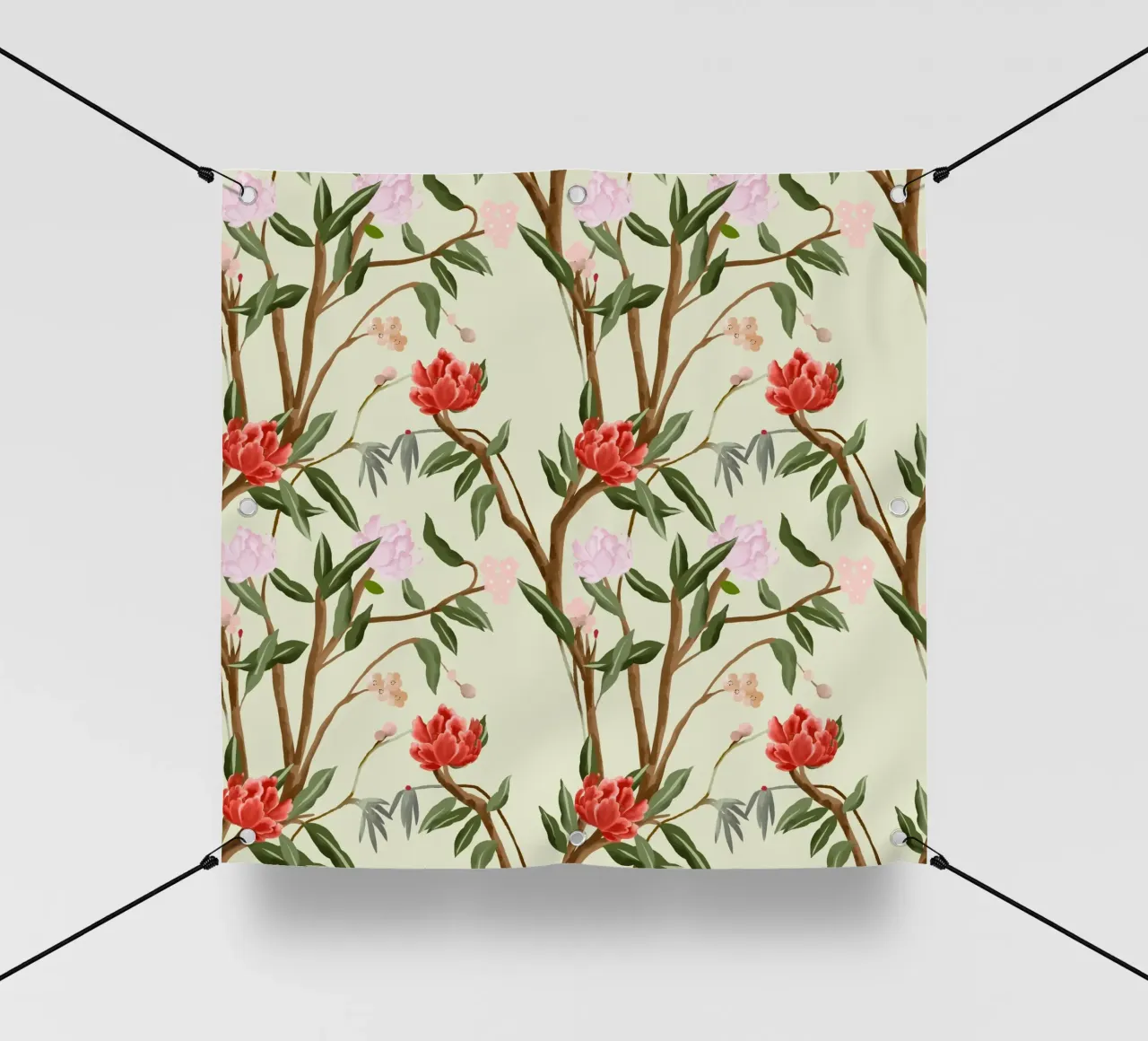 Chinoiserie red flowers trees traditional floral pattern telo in pvc da mysteriouscoco