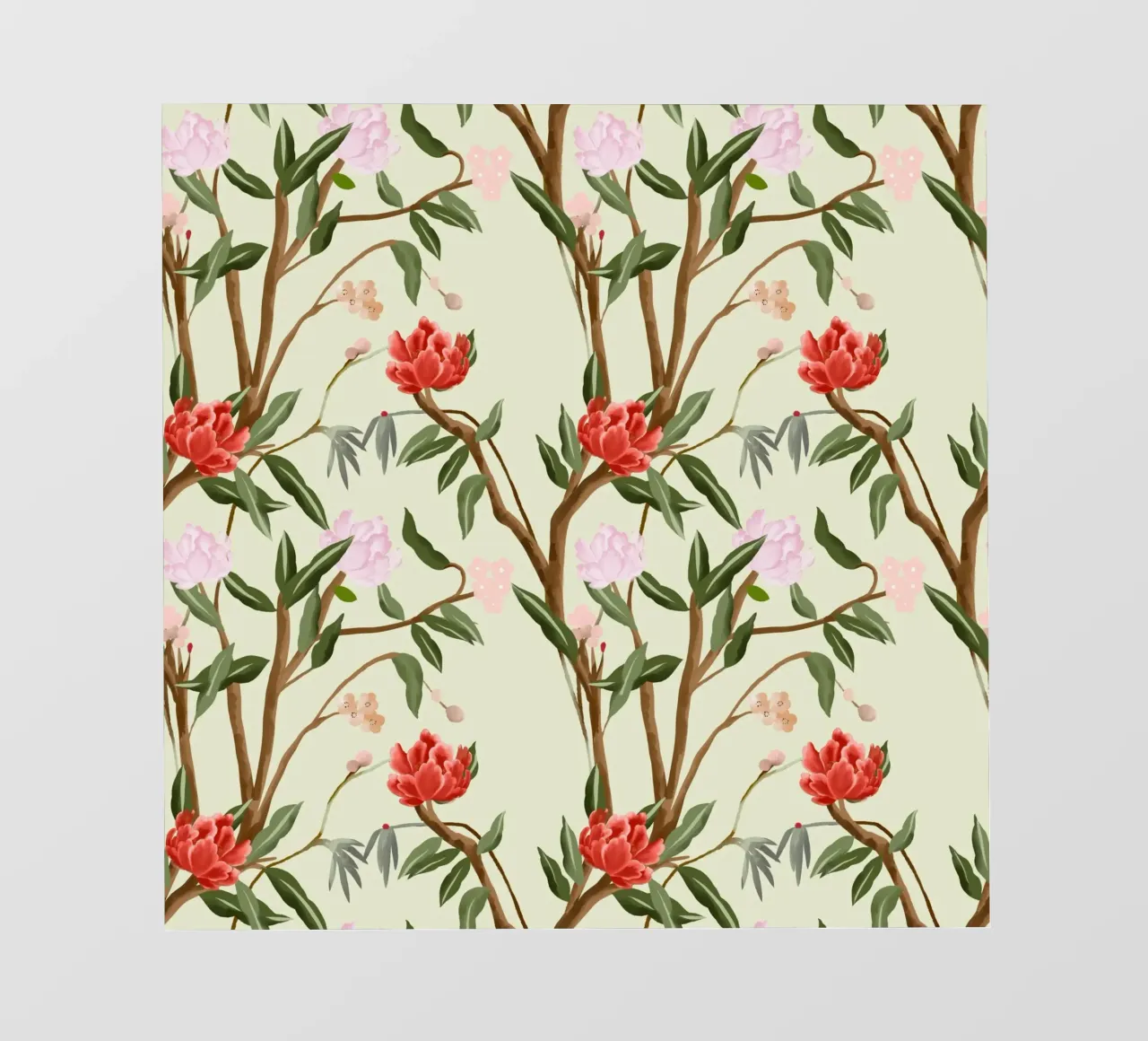 Chinoiserie red flowers trees traditional floral pattern telo in pvc da mysteriouscoco