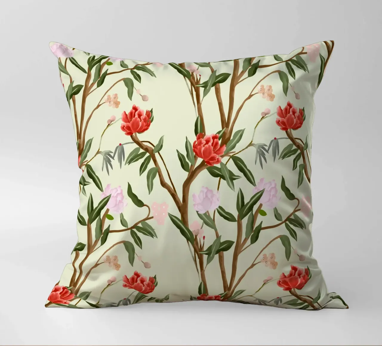 Chinoiserie red flowers trees traditional floral pattern cuscino da mysteriouscoco