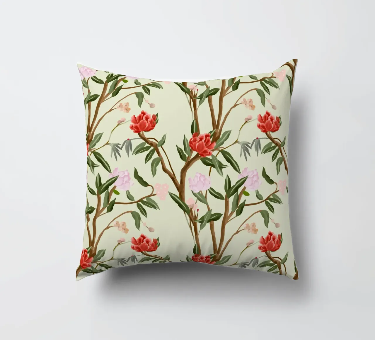 Chinoiserie red flowers trees traditional floral pattern cuscino da mysteriouscoco