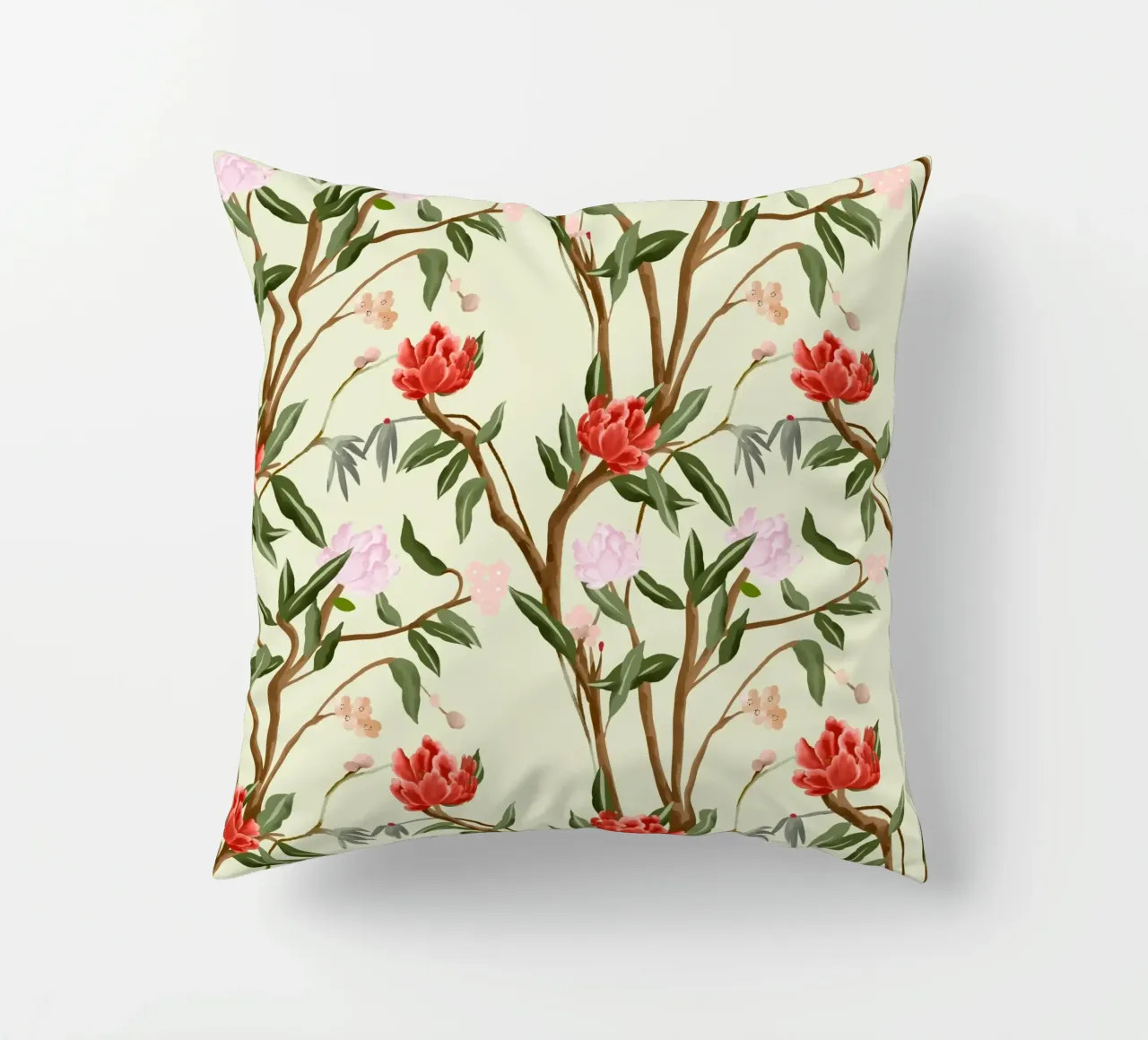Chinoiserie red flowers trees traditional floral pattern cuscino da mysteriouscoco