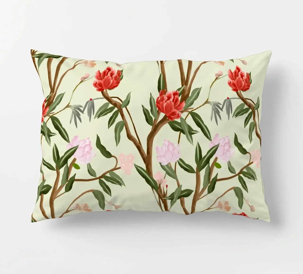 Chinoiserie red flowers trees traditional floral pattern cuscino da mysteriouscoco