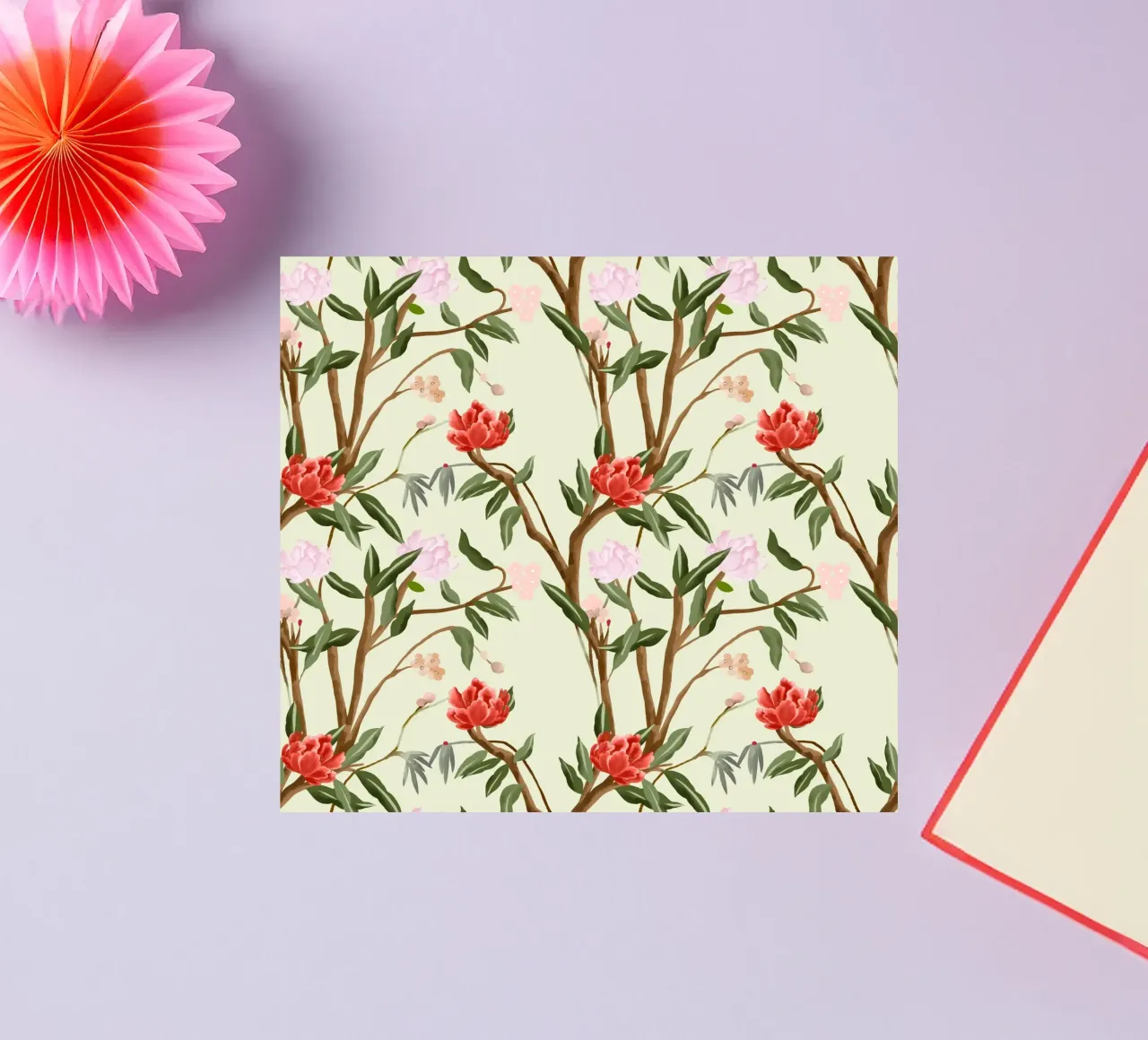Chinoiserie red flowers trees traditional floral pattern adesivo da mysteriouscoco