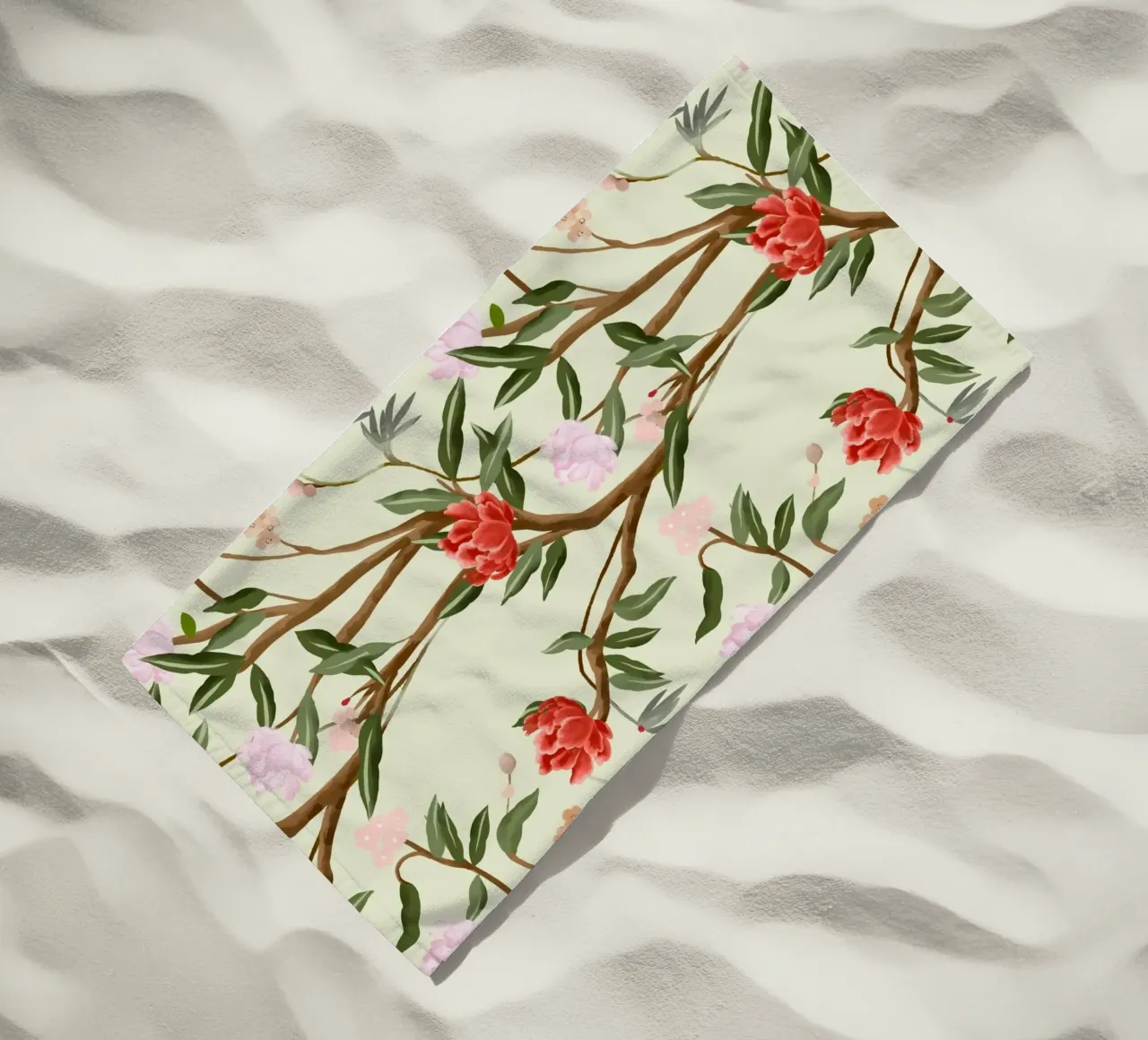 Chinoiserie red flowers trees traditional floral pattern telo mare da mysteriouscoco