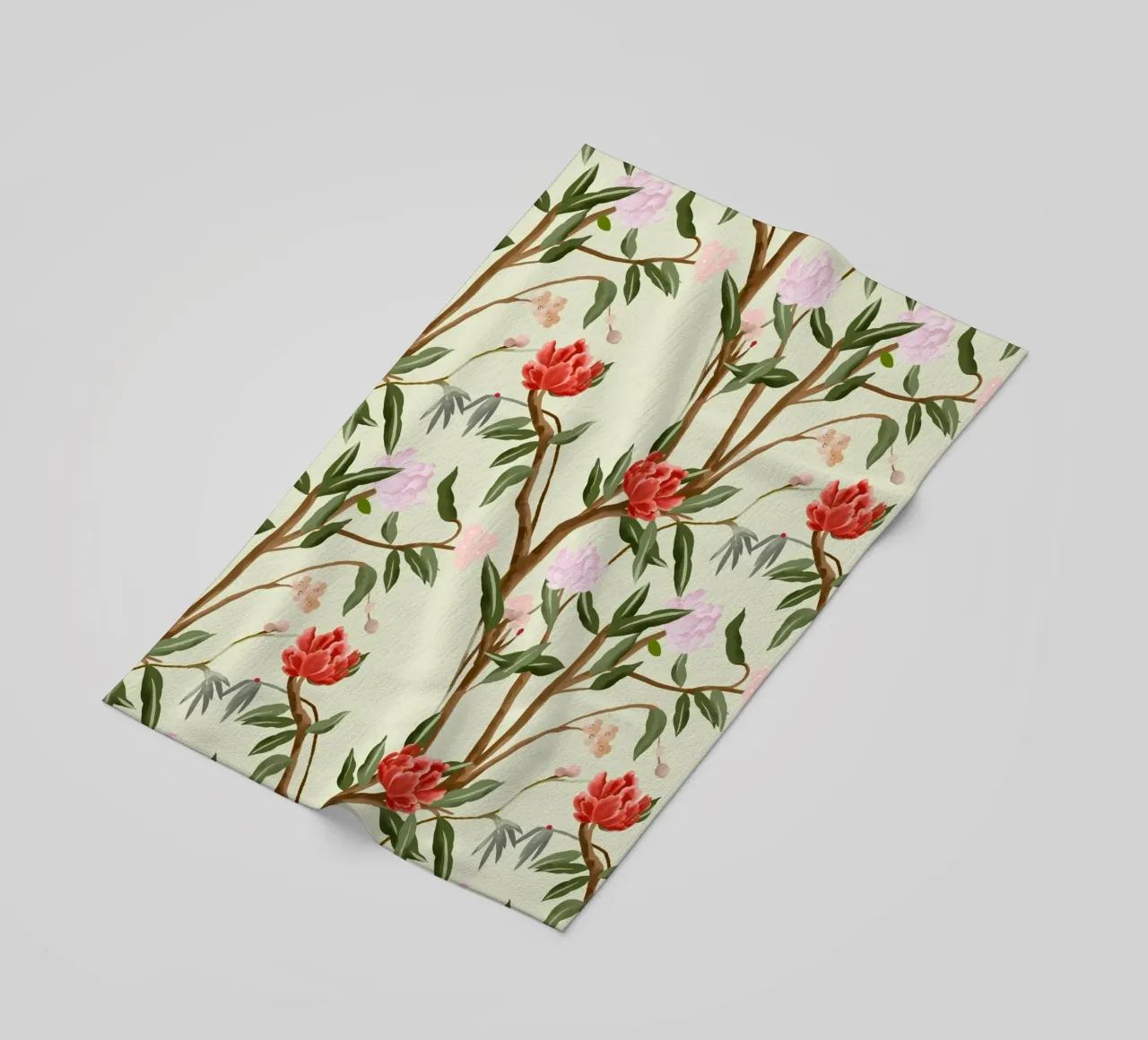 Chinoiserie red flowers trees traditional floral pattern telo mare da mysteriouscoco