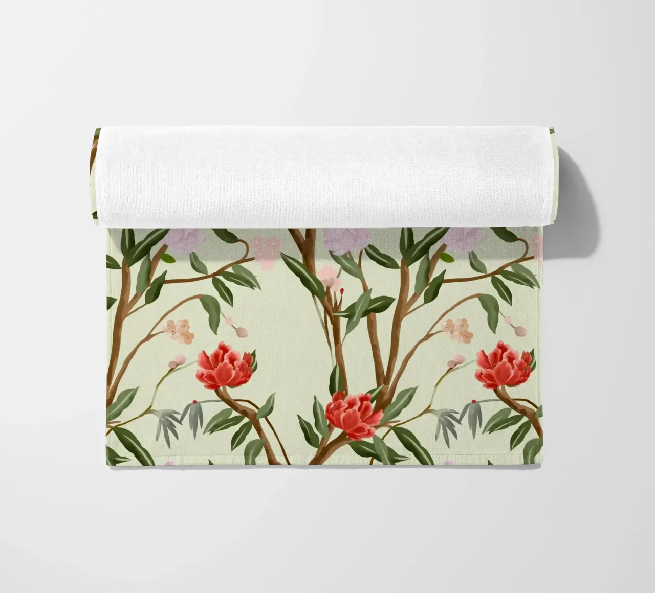 Chinoiserie red flowers trees traditional floral pattern telo mare da mysteriouscoco