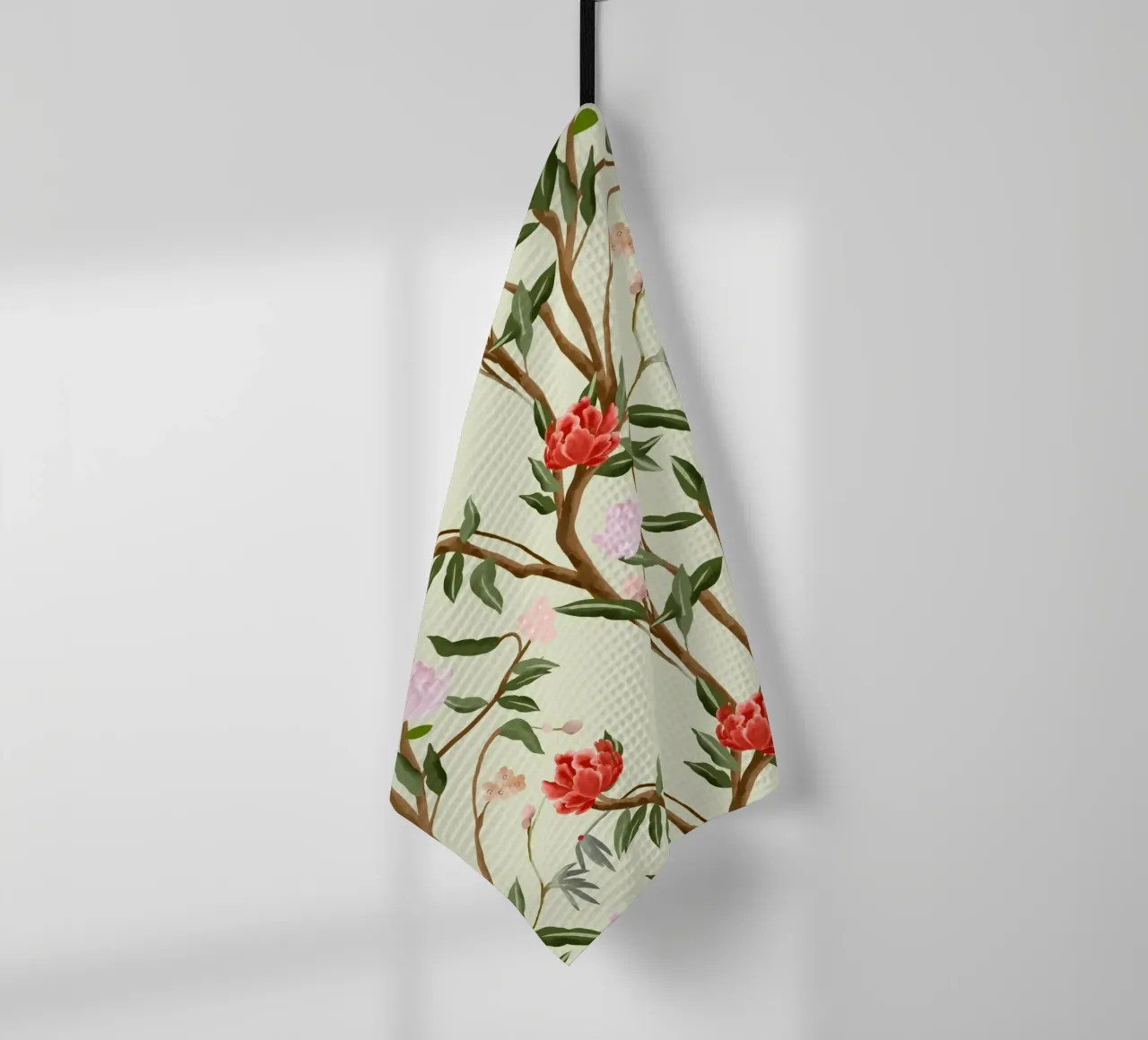 Chinoiserie red flowers trees traditional floral pattern canovaccio da cucina da mysteriouscoco