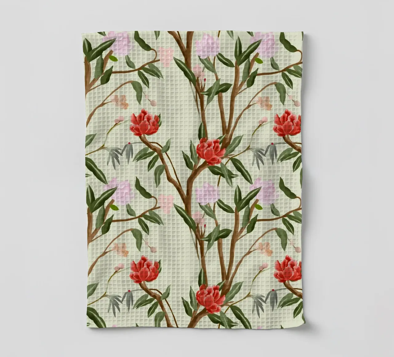 Chinoiserie red flowers trees traditional floral pattern canovaccio da cucina da mysteriouscoco
