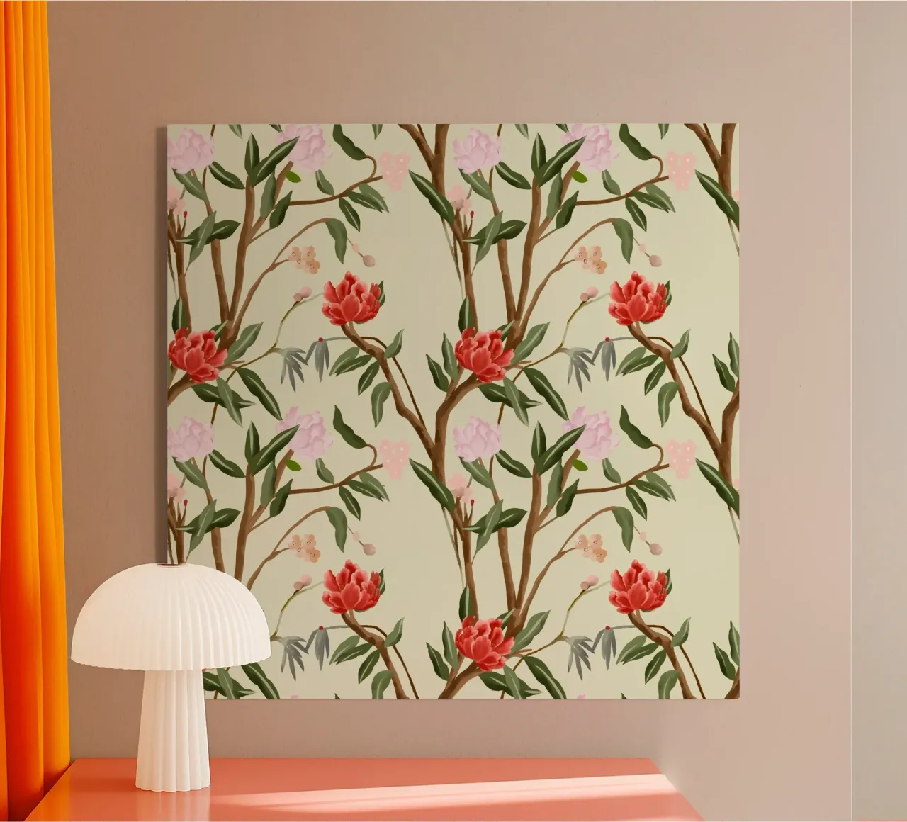 Chinoiserie red flowers trees traditional floral pattern plexiglass da mysteriouscoco