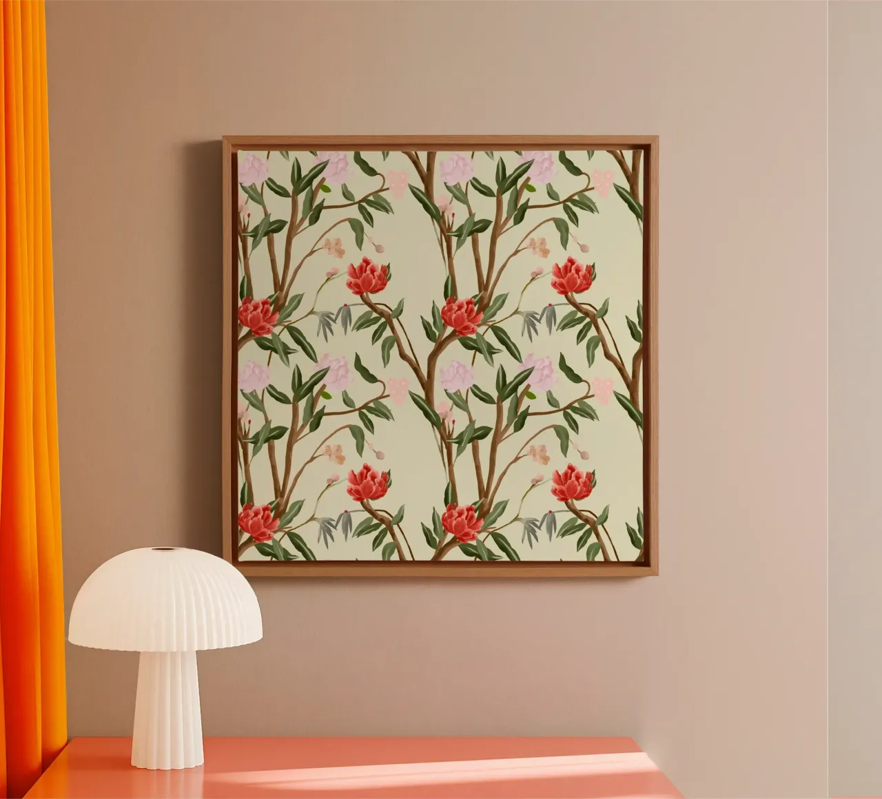 Chinoiserie red flowers trees traditional floral pattern tela con Cornice a cassetta da mysteriouscoco