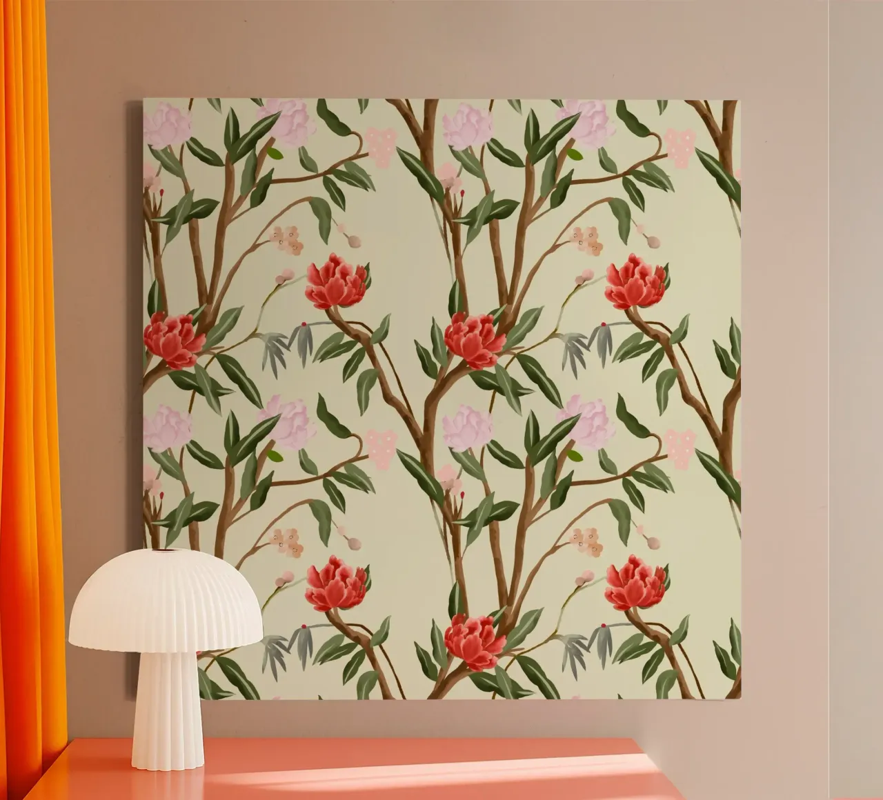 Chinoiserie red flowers trees traditional floral pattern tela con Cornice a cassetta da mysteriouscoco