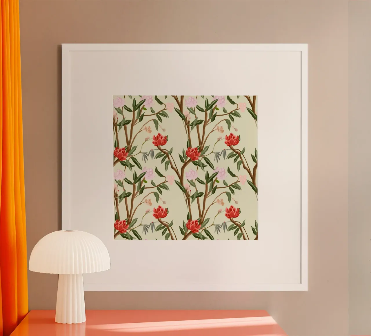 Chinoiserie red flowers trees traditional floral pattern carta hahnemühle da mysteriouscoco