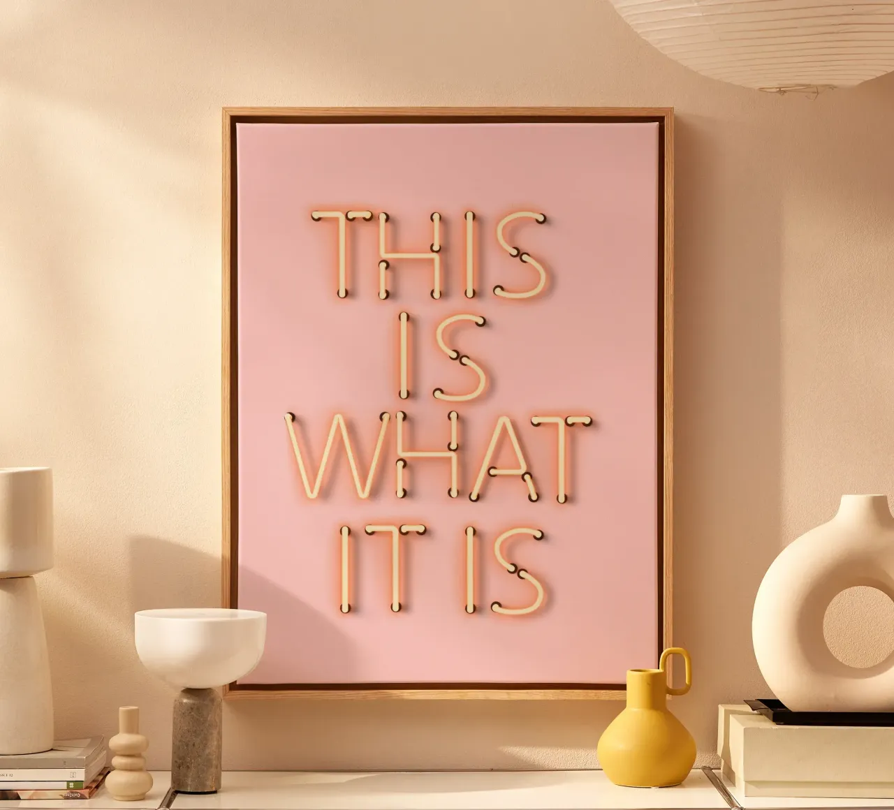 This Is What It Is – Pink Neon Quote Print canvas with Floater frame by showmemars