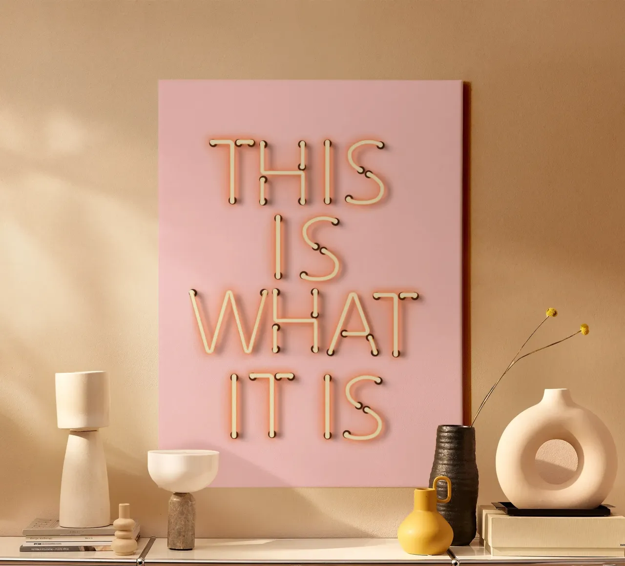 This Is What It Is – Pink Neon Quote Print canvas with Floater frame by showmemars