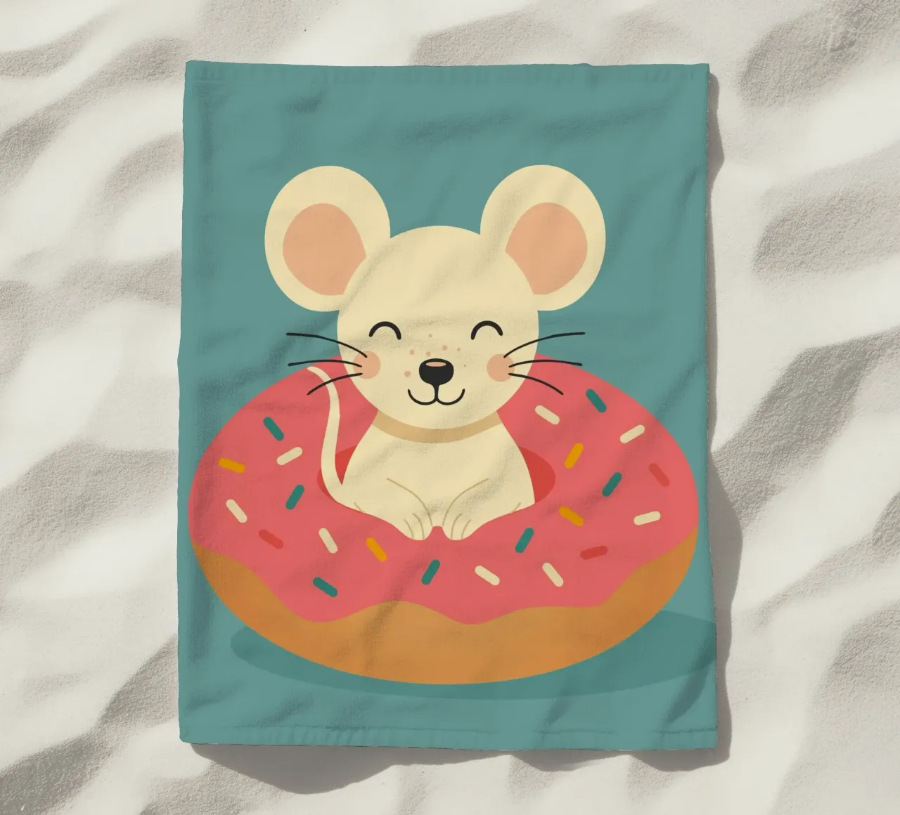 Laughing mouse in a donut - cute good mood motif beach towel by namosh