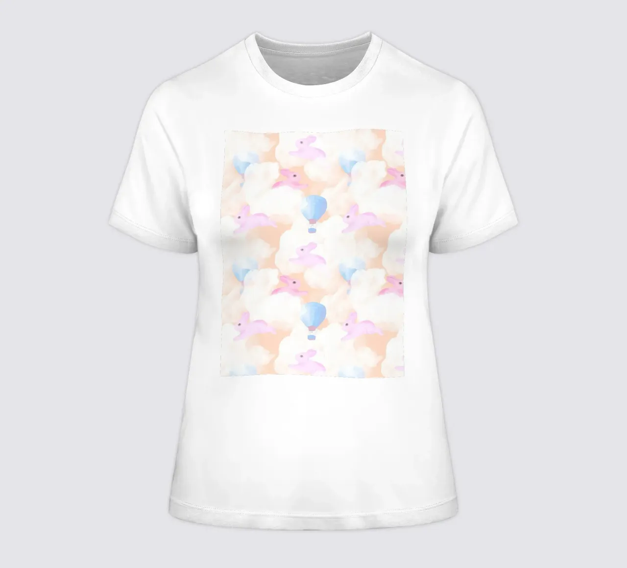 Rabbits in the rainbow clouds pastel gouache pattern paintin t-shirt da donna da mysteriouscoco