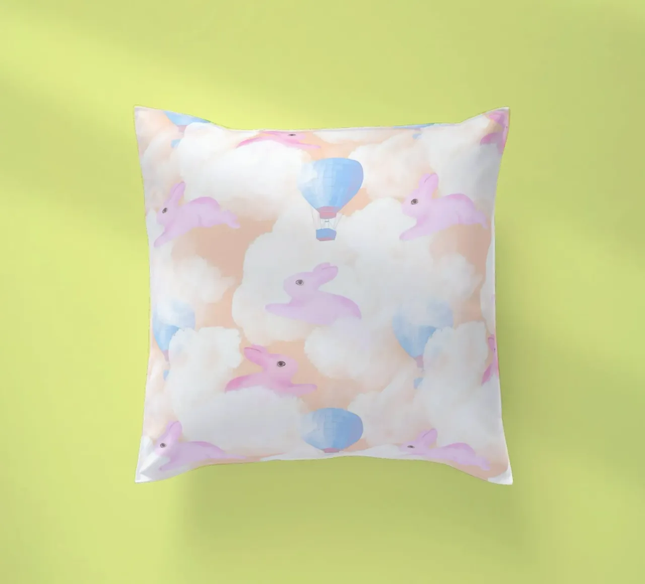 Rabbits in the rainbow clouds pastel gouache pattern paintin cuscino da mysteriouscoco