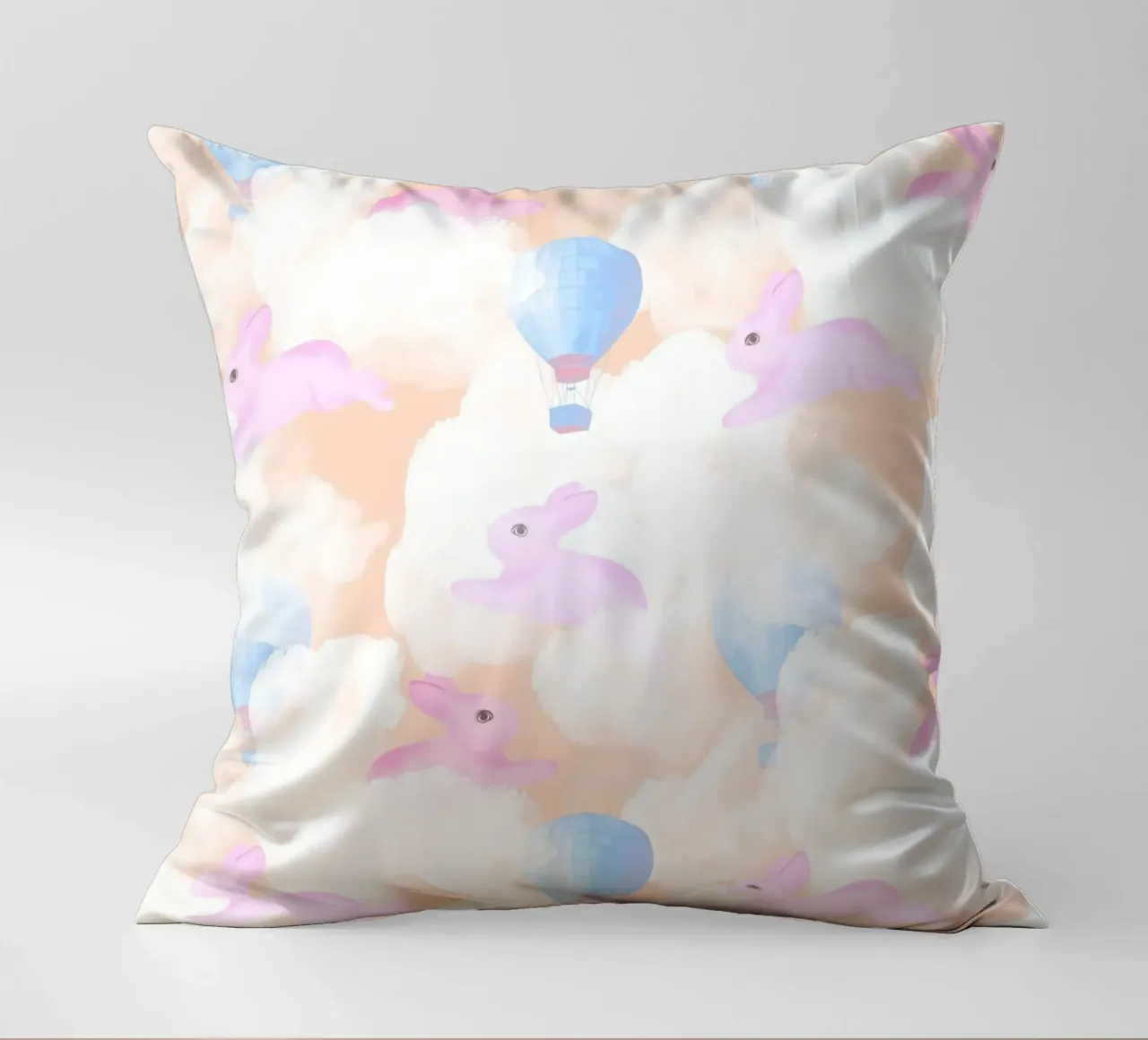 Rabbits in the rainbow clouds pastel gouache pattern paintin cuscino da mysteriouscoco