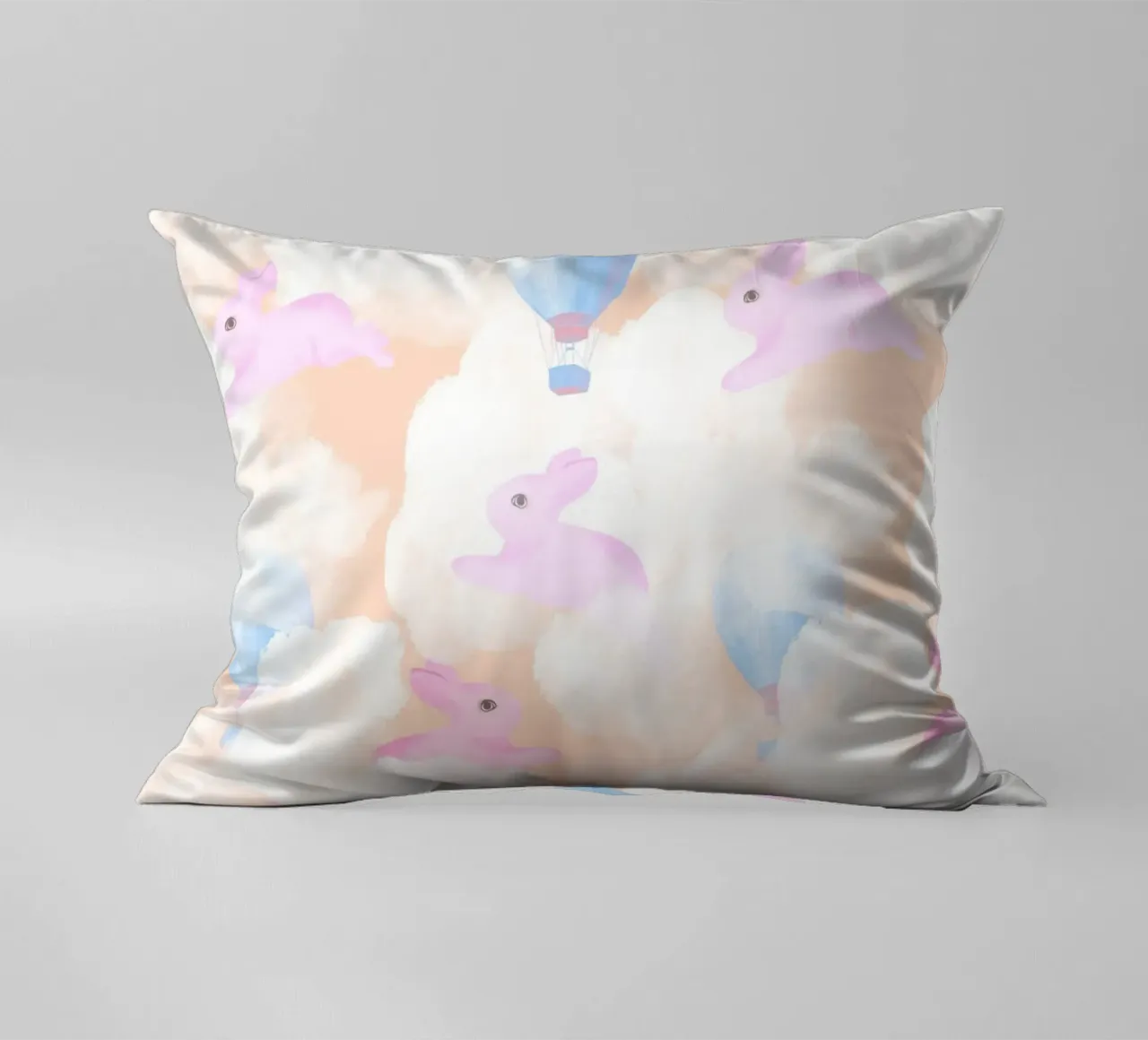 Rabbits in the rainbow clouds pastel gouache pattern paintin cuscino da mysteriouscoco