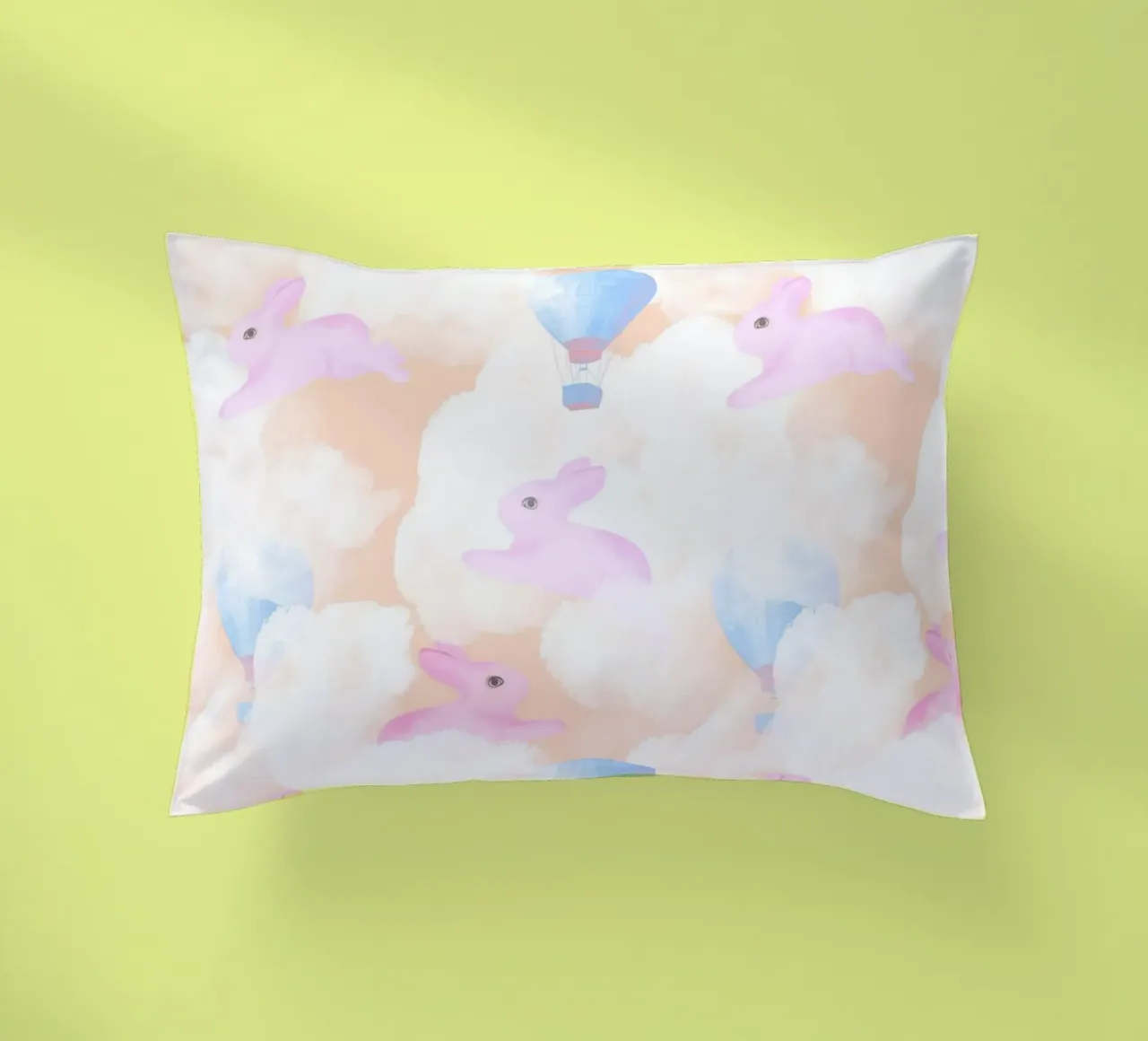 Rabbits in the rainbow clouds pastel gouache pattern paintin cuscino da mysteriouscoco