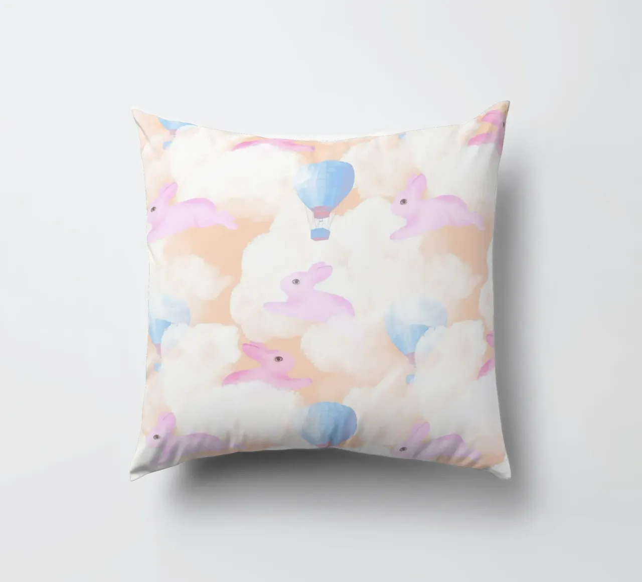 Rabbits in the rainbow clouds pastel gouache pattern paintin cuscino da mysteriouscoco