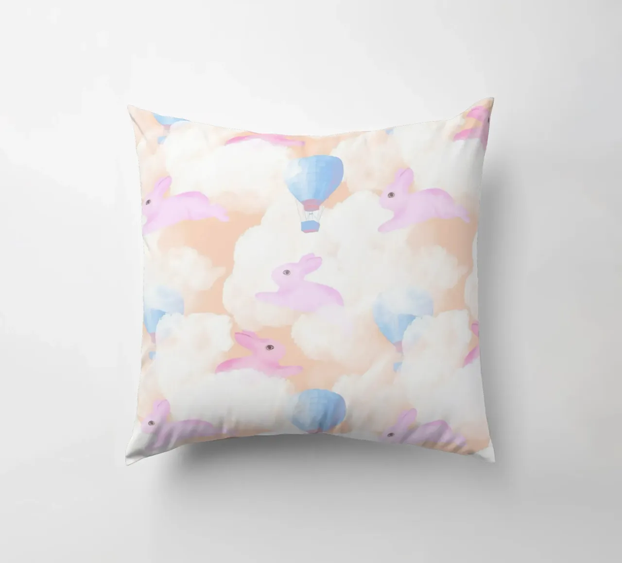 Rabbits in the rainbow clouds pastel gouache pattern paintin cuscino da mysteriouscoco