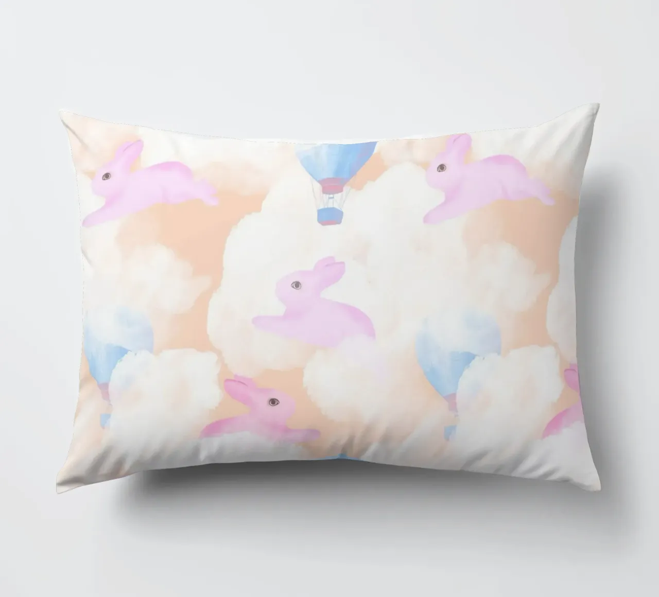 Rabbits in the rainbow clouds pastel gouache pattern paintin cuscino da mysteriouscoco
