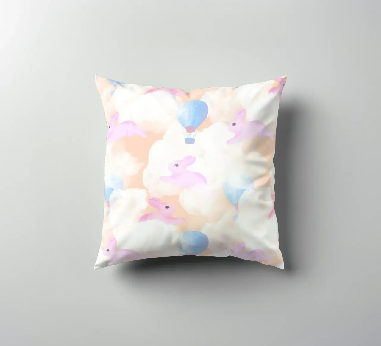 Rabbits in the rainbow clouds pastel gouache pattern paintin cuscino da mysteriouscoco