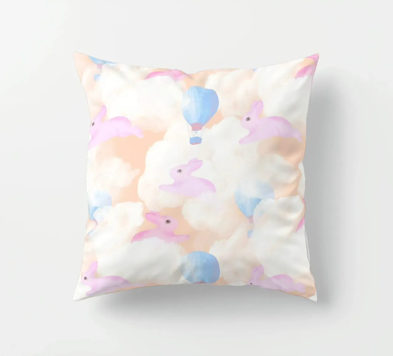 Rabbits in the rainbow clouds pastel gouache pattern paintin cuscino da mysteriouscoco